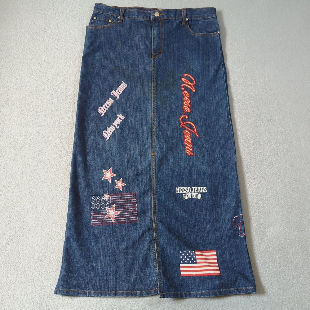 Neeso Jeans New York Denim Maxi Skirt Blue Embroidered Graphic Americana Size 15